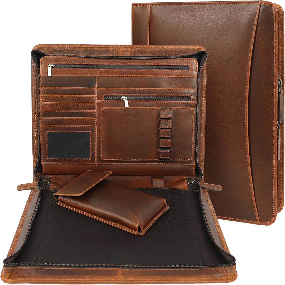 ELIZO Leather Portfolio Padfolio Leather Binder Folder for Men and Women Professional Business Portfolio Organizer Men and Women (Antique, Letter Zippered)