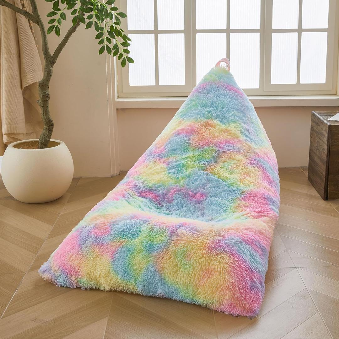 XeGe Fluffy Kids Stuffed Animal Storage Bean Bag Cover (No Filler), Fuzzy Faux Fur Beanbag Organizer with Handle for Teens Girls Adults, Shaggy Furry Plush Toys Holder Floor Lounger Chair, Rainbow (50"x30"x30")