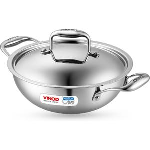 Vinod Platinum Triply Stainless Steel Wok with Lid, 1.8 Litre (22 cm Diameter), Silver, Induction & Gas Compatible