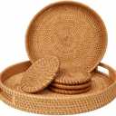 Round Rattan Serving Tray Set (2 Nesting Sizes) with Handles, 4 Coasters Included, Handwoven Boho Wicker Organizer for Coffee Table or Ottoman, 14.2 x 2.3 in and 11.9 x 1.7 in