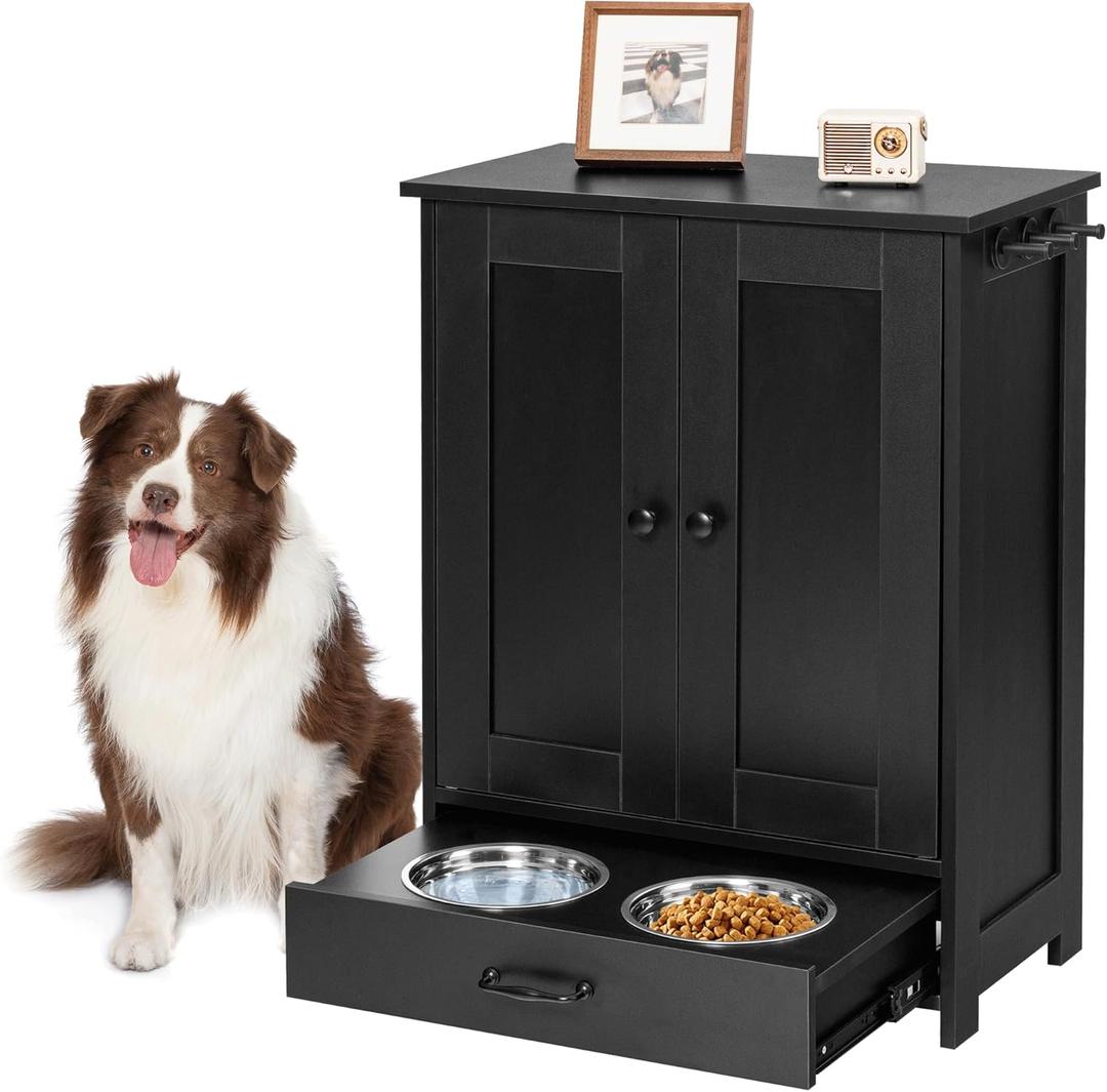 ALINE FURNITURE Dog Feeding Station with Storage Cabinet and 2 Elevated Dog Bowls, Hidden Pet Feeder Station Wood, Dog & Cat Storage Organizer, Black