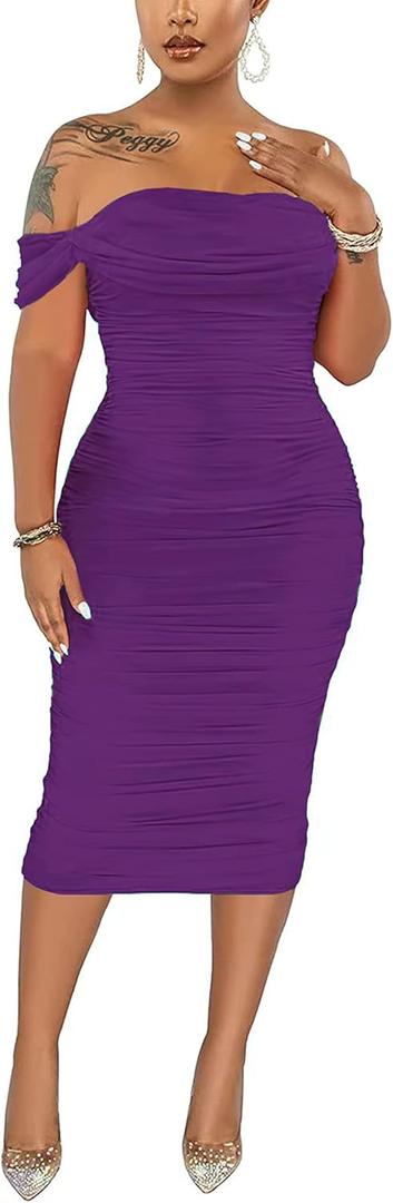 Women's Sexy Off Shoulder Sleeveless Bodycon Ruched Midi Elegant Cocktail Evening Party Night Tube Dresses (Medium, purple)