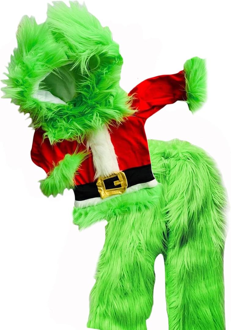 KOSUSANILL Little Kids Boys Girls Christmas Cosplay Costume Green Furry Monster Hooded Santa Claus Tops Green Fuzzy Pants Set (4-5T)