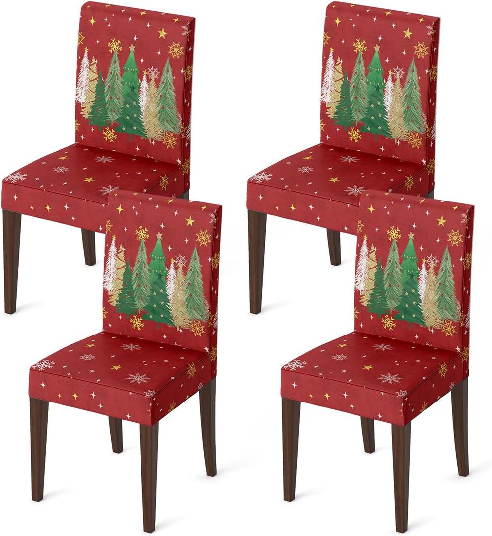 Horaldaily 4PCS Christmas Dining Red Chair Covers, Xmas Tree Pine Tree Stars Stretch Removable Washable Slipcover Chair Protector for Dining Room Home Decor