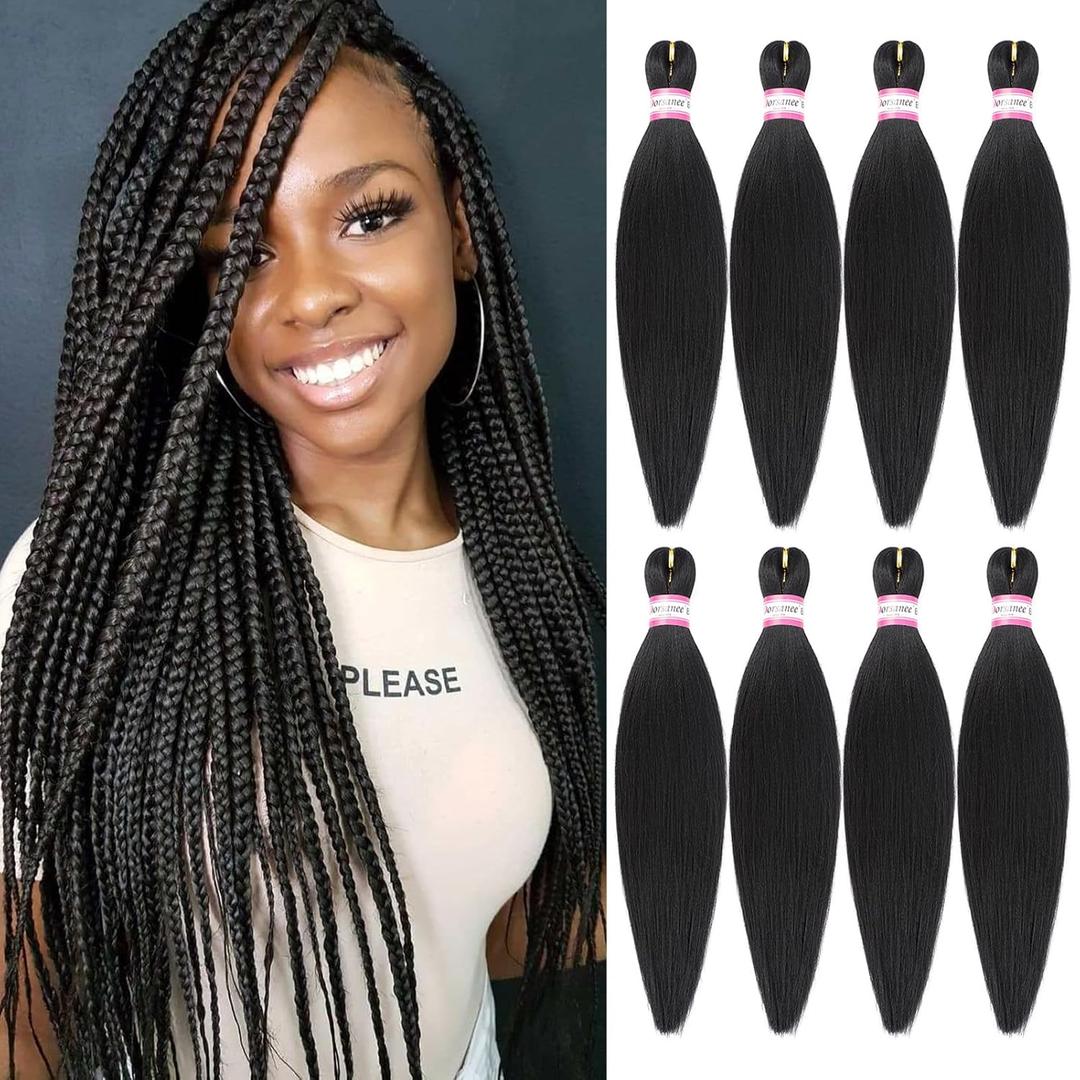 Pre Stretched Braiding Hair Extensions Natural Black 16 Inch 8 Packs Braiding Hair Crochet Braids Easy Braid Crochet Hair Hot Water Setting Professional Soft Yaki Straight Texture, 1B