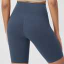 ODODOS Women's Crossover Yoga Shorts with Back Pocket, 8" Buttery Soft V High Waist Lounge Biker Shorts, Ink Blue, Small (Blue, S)