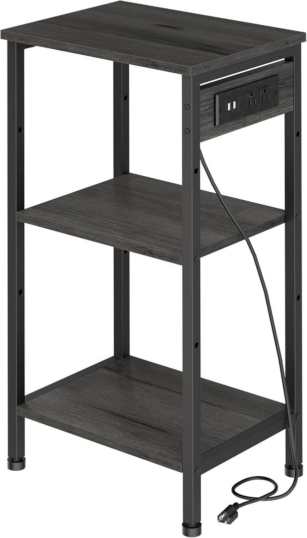 Asgolion Tall End Table with Charging Station, 3 Tier Narrow Beside Table with Adjustable Shelf, Tall Gray Side Table Nightstand for Bedroom, Living Room Coffe Table, Office, Charcoal Grey