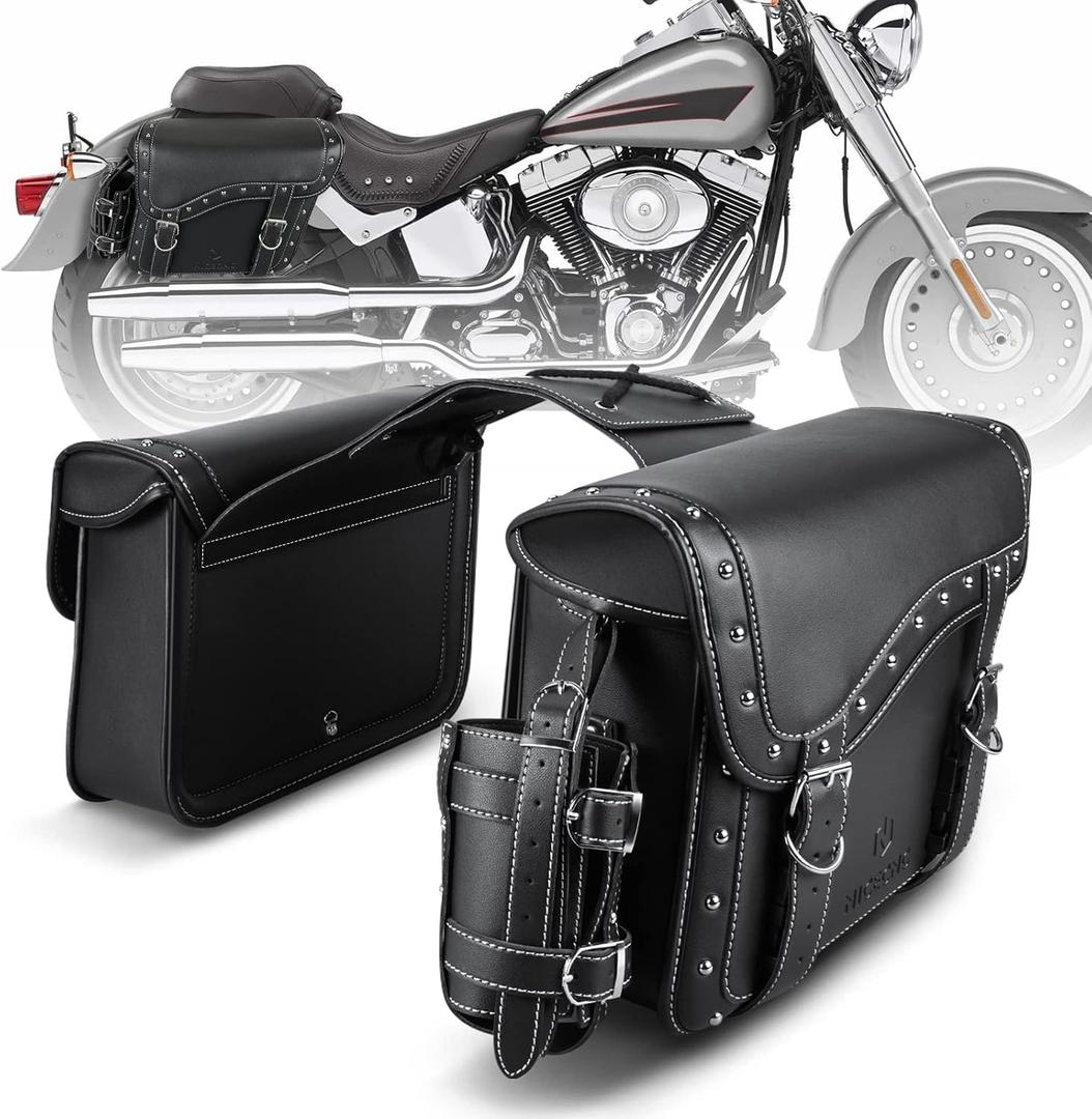 NICECNC Motorcycle Saddle Bags, PU leather Saddlebags, Reinforced Straps & Saddle Piece with Cup Holder, Throw Over Saddle Bag Side Bags Universal Accessories bags, Black