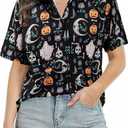 Halloween Button Down Shirts for Women Pumpkin Skull Print Blouses Hocus Pocus Hawaiian Holiday Short Sleeve Tops (Black, M)