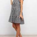 chouyatou Women's Summer Ruffle Puff Sleeve Babydoll Dress Cute Gingham Plaid Printed Tiered Midi Dress (Black, S)