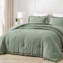 Chezmoi Collection Nora Sage Green Comforter Set Twin Size 2-Piece Lightweight Soft Stone-Washed Ruffled Shabby Chic Bedding for All Season