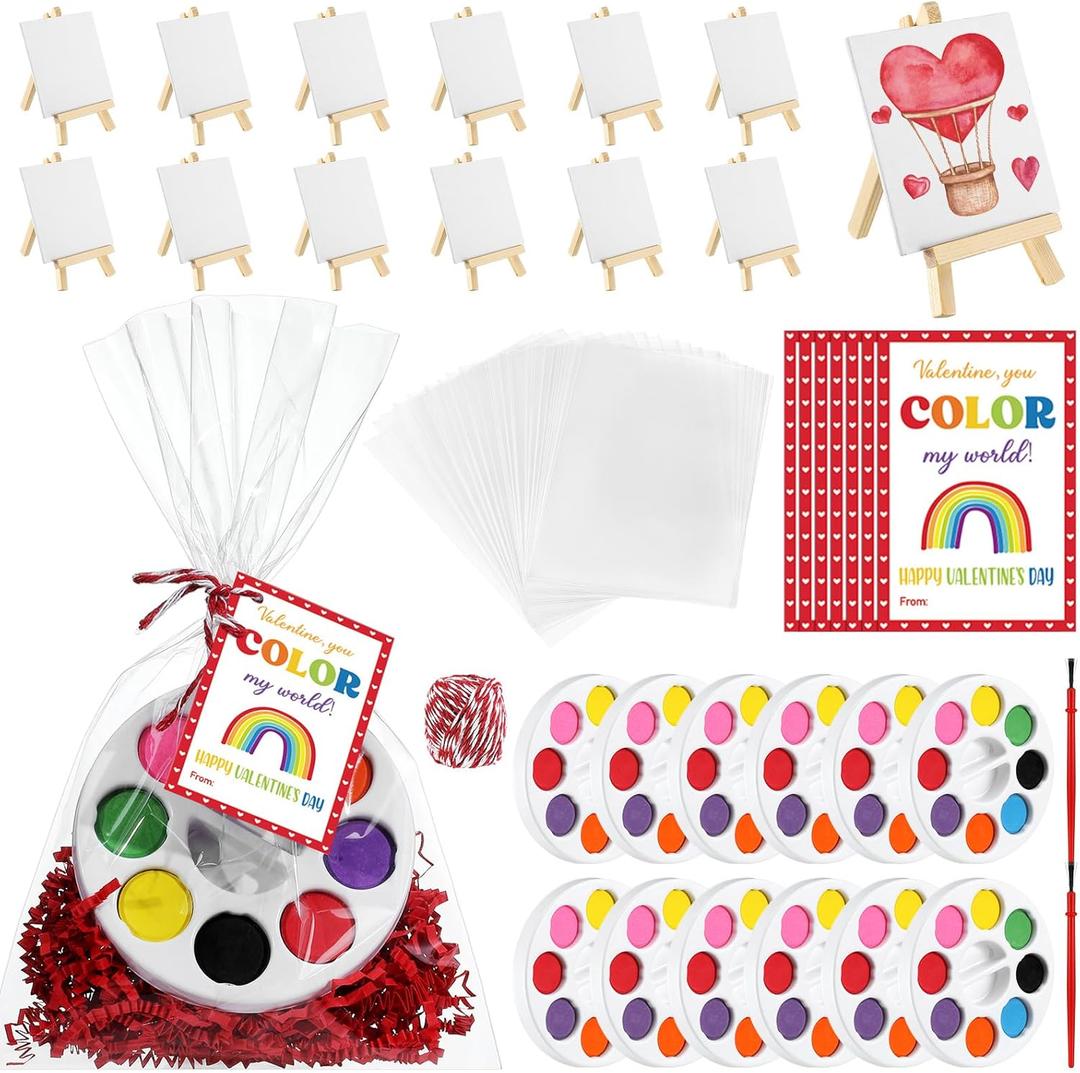 Wonderjune 74 Pcs Valentine's Gift Mini Painting Set - Watercolor Paints with Valentines Cards Easel, 8 Colors Watercolor Paints for Valentine Party Favor Exchange Gifts Art Supplies