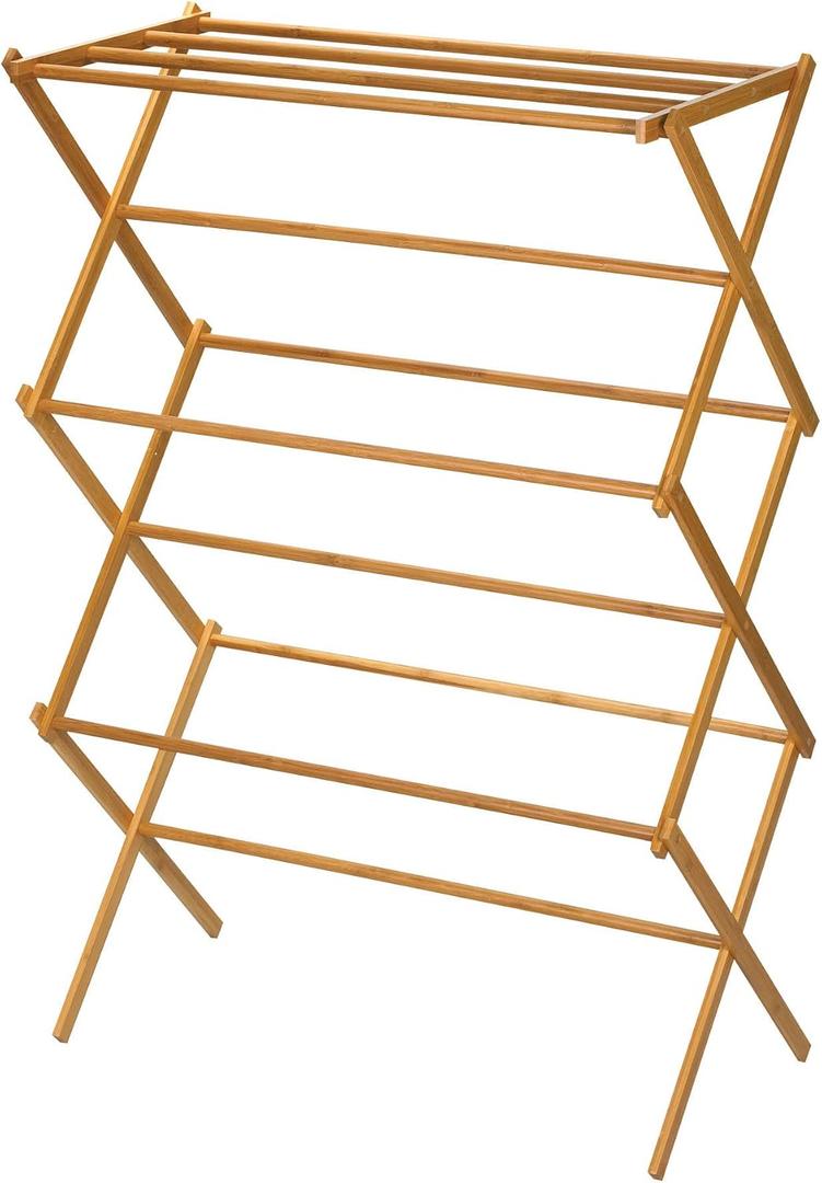 Household Essentials Bamboo Folding Clothes Drying Rack, Upscale Laundry Rack with 11 Dowels, Environmentally Friendly, Stable Frame, Shelf for Drying Flat, 29"