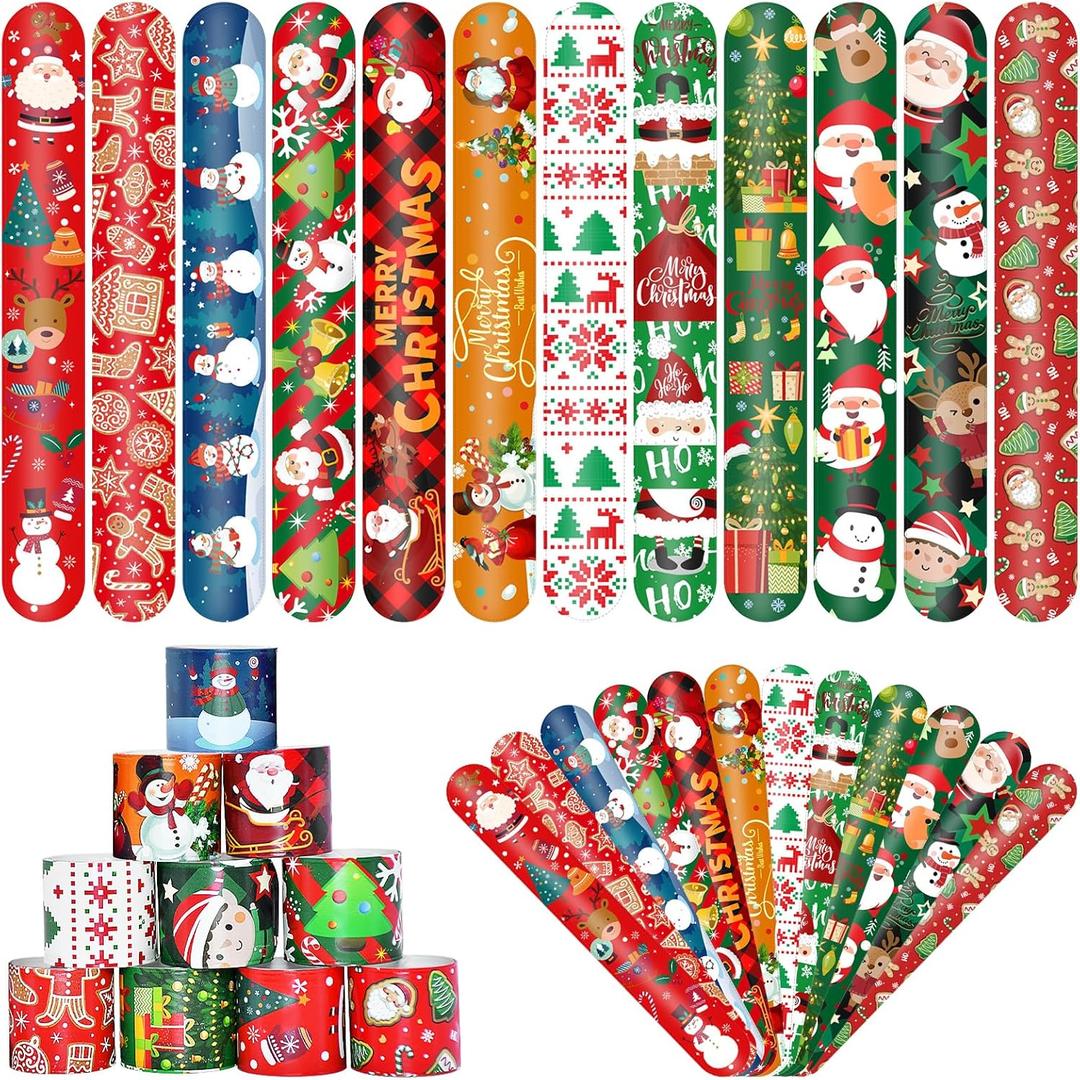 48 Pieces Christmas Slap Bracelets Bulk Party Favors - 12 Designs Festive Snap Bands, Holiday Goodie Bag Xmas Stocking Fillers, Classroom Prizes Accessories, Wrist Decorations Gifts Supplies