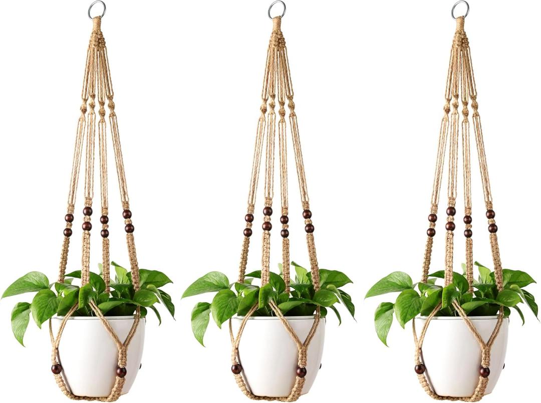 Mkono Macrame Plant Hanger Indoor Hanging Planter Basket with Wood Beads Decorative Flower Pot Holder No Tassels for Indoor Outdoor Boho Home Decor 35 Inch, Brown, Set of 3 (POTS NOT Included)