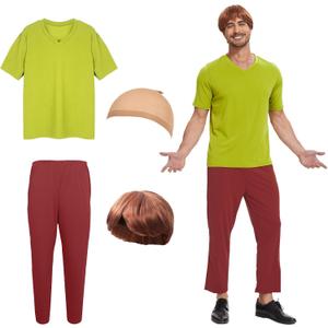 Adult Halloween Costume Men Classic Movie Cartoon Character Costumes Set, Brown Wig, Green T-Shirt and Brown Pants (Large)