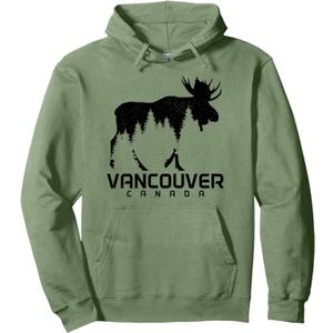 Vancouver Canada Vintage Moose Souvenir Pullover Hoodie (Small, Sage Green)