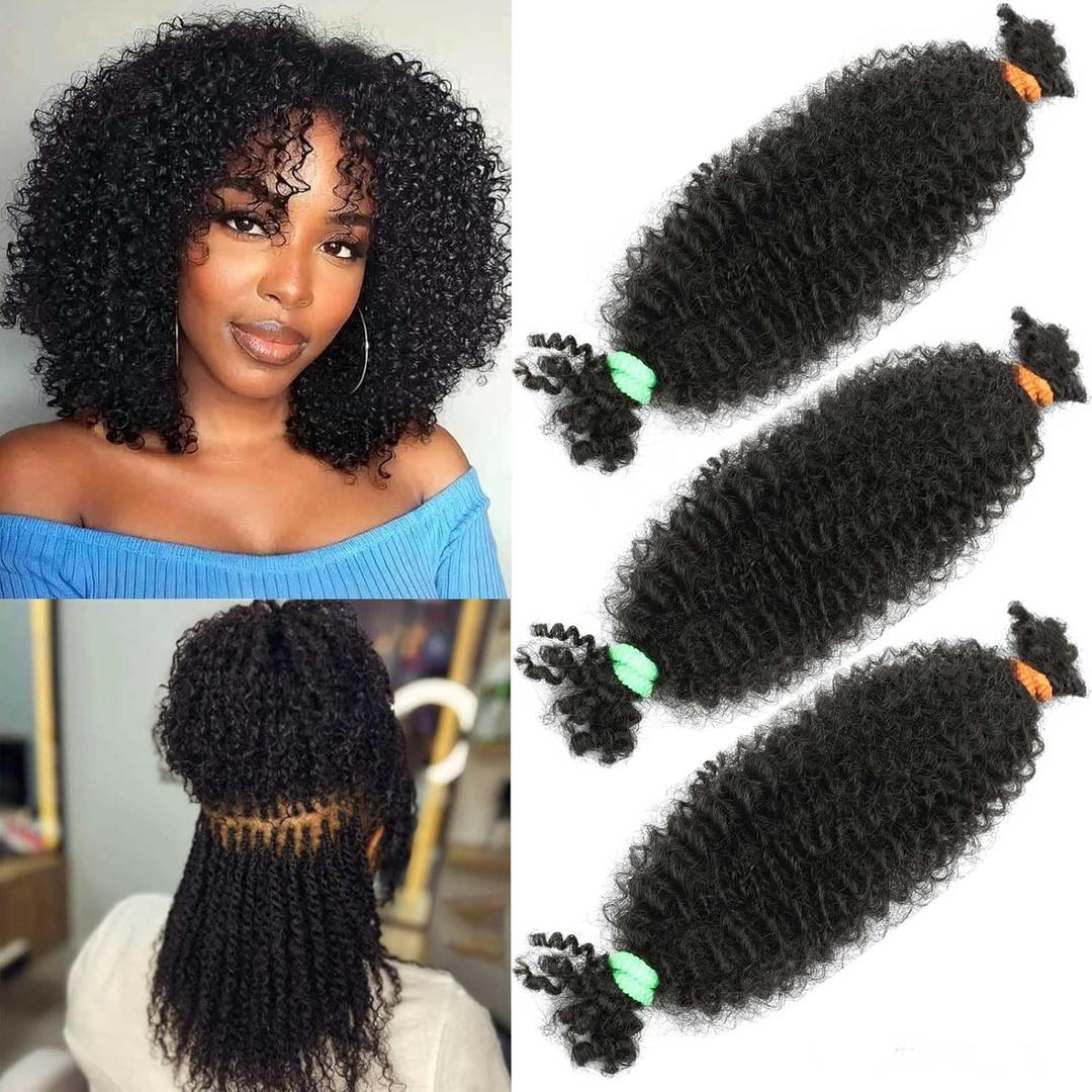 12 Inch Springy Afro Twist Human Braiding Hair 3 Packs Afro Kinkys Bulk Human Hair for Braiding (1B, 12 Inch 3 PACKS)