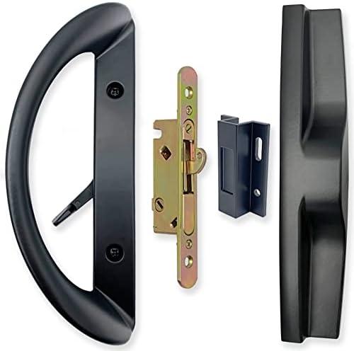 ALLYWASAI Patio Sliding Door Handle Set with Mortise Lock, Face Plate and Keeper, Replacement Handle Lock Set Fits Door Thickness from 1-1/2" to 1-3/4", 3-15/16" Screw Hole Spacing, Non-keyed, Black