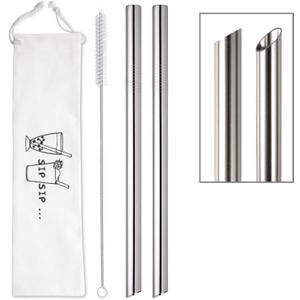 [Angled Tips] 2 Pcs Jumbo Reusable Bubble Tea Straws & Smoothie Straws, 0.5" Wide Stainless Steel Straw, Metal Straw for Boba, Tapioca Pearl, Milkshakes,Smoothies | 1 Cleaning Brush & 1 Case
