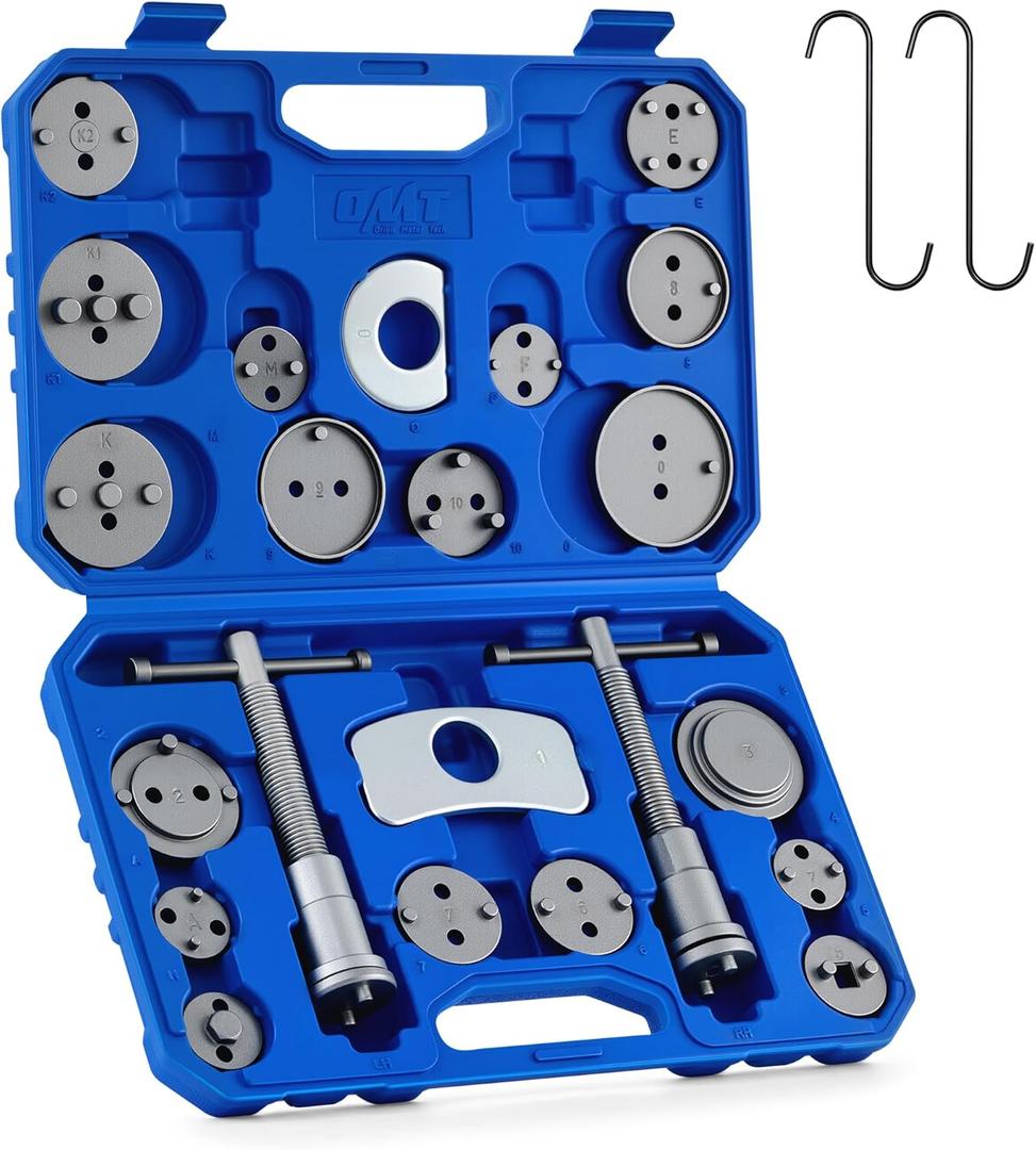 Orion Motor Tech Brake Caliper Wind Back Tool Kit, 24pc Brake Caliper Compression Tool Set with Thrust Bolt Assemblies Retaining Plates Caliper Hangers 18 Disc Adapters, Caliper Tool with Case