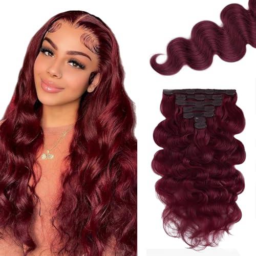 #99J Burgundy Body Wave Clip in Hair Extensions - 16 Inch Real Remy Soft Wine Red Human Hair, 120g 7pcs,#99J Body Wave Clip ins for Women