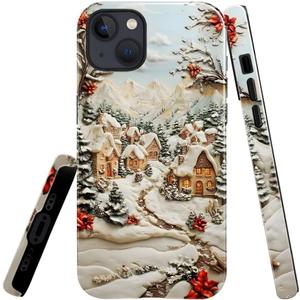 Case for iPhone 15,Snowy Winter Village Christmas Phone Case Slim Silicone Shockproof Cover for Girls WomenGlossy & Durable
