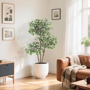 GarveeHome 5ft Artificial Ficus Tree,Tall Faux Floor Plant with White Tall Planter -Fake Plants for Home Decor Indoor with 3 Natural Trunks & White-Edged Leaves,Faux Greenery Tree for Garden Decor