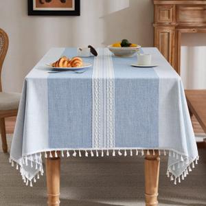 ZeeMart Contrast Linen Table Cloth Rectangle Table Cloths 52x70 Inch Mid-Stripe Blue, Farmhouse Style Heavy Weight Dusty Blue Tablecloth, Water Resistant Burlap Tablecloths