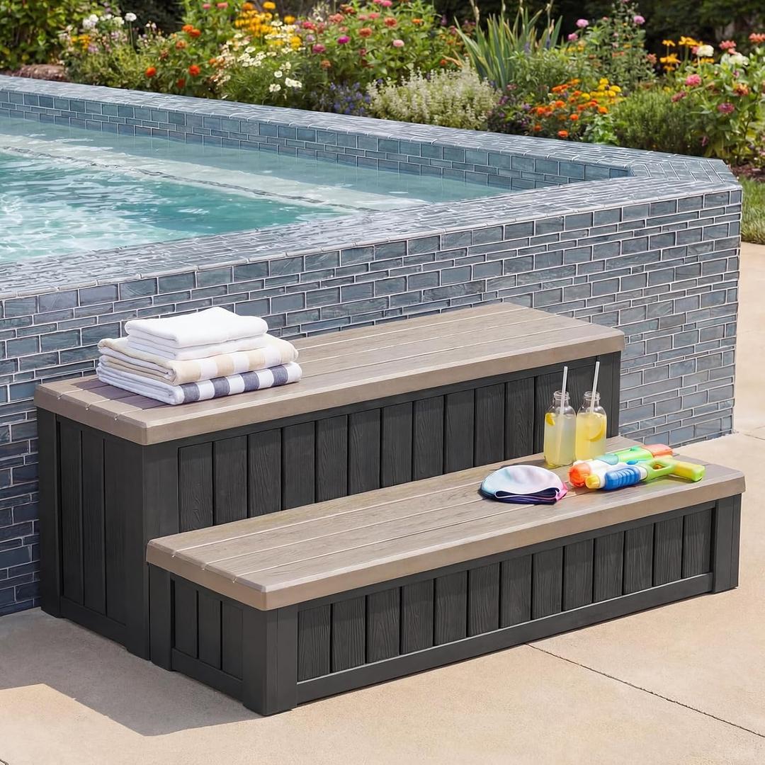 36.6 Hot Tub Steps with Storage, 780 lbs Load Capacity Heavy Duty Outdoor Spa Steps with No-Screw Snap Assembly, Non-Slip Universal Hot Tub Stairs for Spa, Pool, Patio, RV, Porch & Indoor Use, Coffee