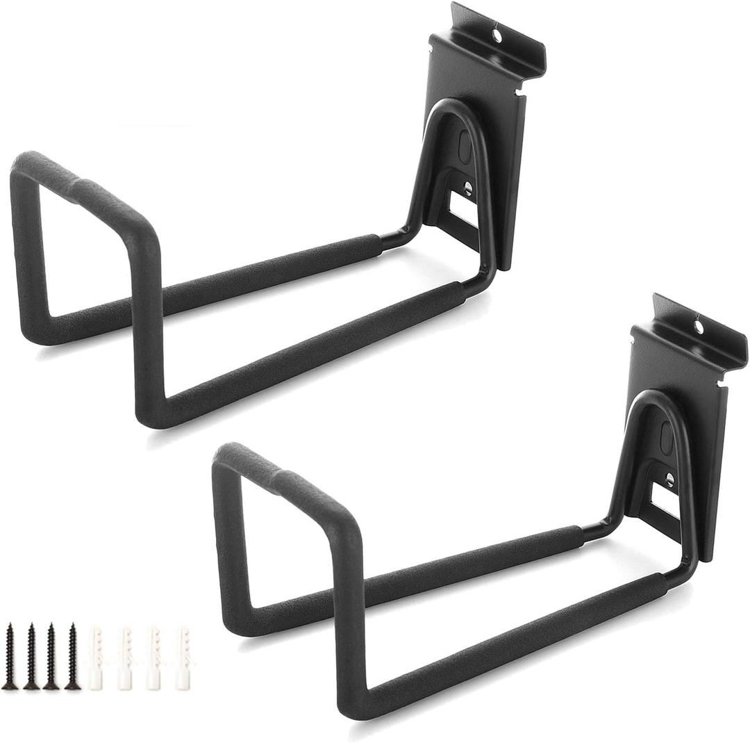 Slatwall Hose Hooks, Heavy Duty Garage Storage Utility Tool Double Holder Bike Hanger Organizer for Bicycle Ladder and Folding Chairs (2 Pack, Black)