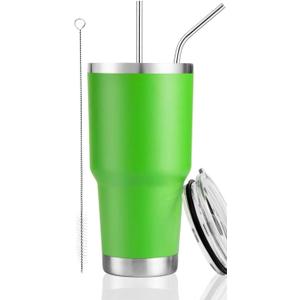 DS 30 oz Green Tumbler Stainless Steel Double Wall Vacuum Insulated Mug with Straw and Lid, Cleaning Brush for Cold and Hot Beverages