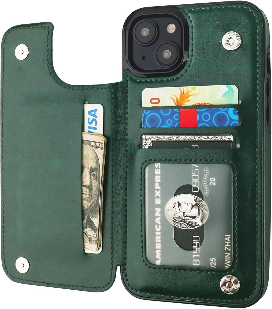 ONETOP Compatible with iPhone 15 Plus Wallet Case with Card Holder, PU Leather Kickstand Card Slots Case, Double Magnetic Clasp and Durable Shockproof Cover 6.7 Inch (Green)
