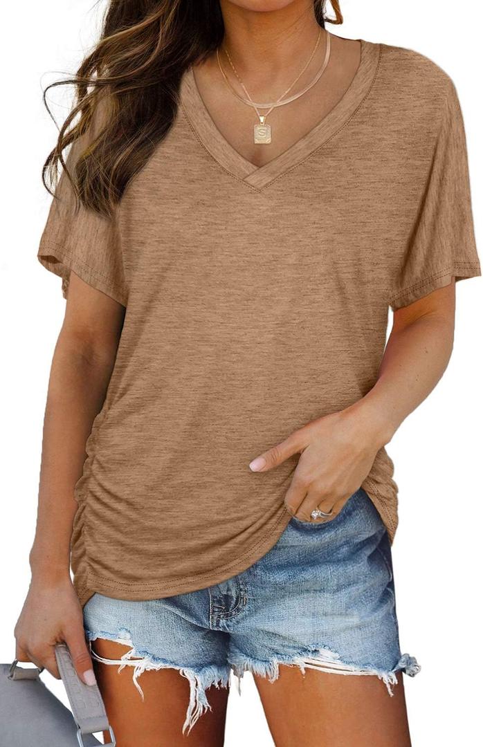 WIHOLL Womens Summer T-Shirts Short Sleeve V Neck Dolman Tops with Side Shirring Loose Fit Shirts Spring Fashion (Medium, 4-coffee) WIHOLL Womens Summer T-Shirts Short Sleeve V Neck Dolman Tops with Side Shirring Loose Fit Shirts Spring Fashion (Medium, 4-coffee)