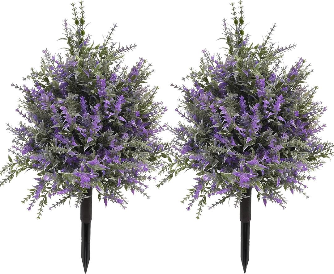 FJAKA 2Pcs Artificial Lavender Plants Outdoor Topiary Ball Tree with Ground Spike, Faux UV Resistant Artificial Shrubs, Indoor and Outdoor Fake Purple Tree for Porch, Garden, Front Door Decoration