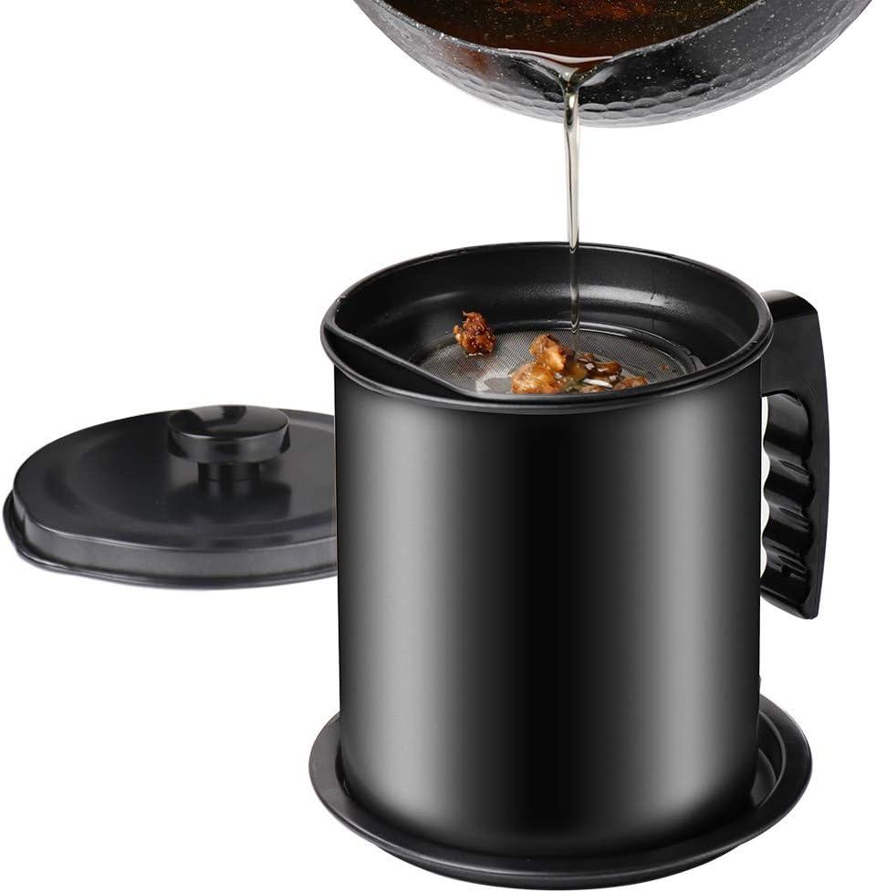 Cambom Bacon Grease Container with Fine Mesh Strainer, 1.3 L almost 6 Full Cups Iron Cooking Oil Can with Removable a Coaster Tray for Kitchen Fat Storage Black (1.3L)
