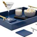 Juvale Coffee Table Tray - 15.7 x 11.8 x 3 in, Blue, Rustic Wood - Serving Tray with Interchangeable Gold & Silver Handles for Coffee Table Decor & Ottoman Use with 2 Coasters