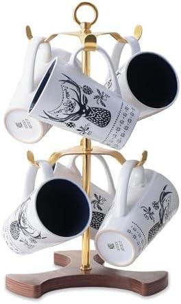 Gold Mug Holder Tree for Countertop | 2-Tier Coffee Mug Rack Holds 6 Large Mugs, 5oz to 20oz | Elegant Golden Cup Stand with Solid Wood Base | Kitchen Counter Organizer & Coffee Bar Accessories