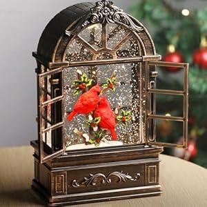 Priddop Cardinal Snow Globe Christmas Decorations Gifts Arched Window Shape USB/ Battery Timer Music Glitter Snowfall Lantern Cardinal Decor 9 Inch