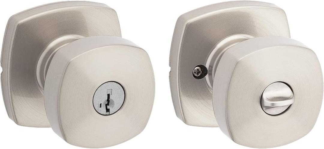 Kwikset Arroyo Knob Entry Door Knob with Lock and Key, Secure Keyed Handle Exterior, Front Entrance and Bedroom, Satin Nickel, Pick Resistant SmartKey Rekey Security and Microban