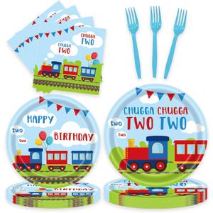 96 Pcs Train Party Plates Napkins Forks Supplies Favors Tableware Set Disposable Paper Chugga Chugga Two Two 2nd Birthday Decorations, Serves 24 Guests