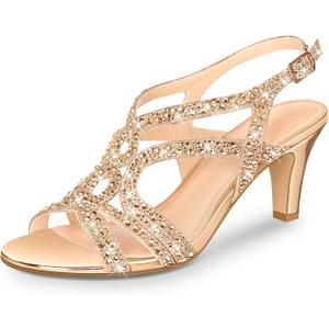 PIZZ ANNU Women's Amelia Heels Sandals Sparkle Crystal Open Toe Slingback High Heel Sandals Dress Pumps Shoes for Party Wedding (Beige), 9.5