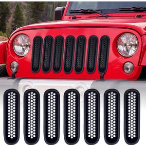 AggAuto Grille Inserts Compatible With Jeep Wrangler JK JKU 2007-2015, Matte Black Car Front Mesh Grill Cover Accessories 7 Pcs