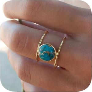 14K Gold Plated Statement Ring for Women Simulated Blue Turquoise Boho Simple Minimalist Jewelry 925 Silver Plated Gem Women's Ring Bohemian Jewelry Handmade Simple Ring G-8#