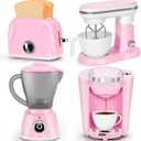 Pink Play Kitchen Appliances Toy Set with Coffee Maker Machine, Mixer, Toaster, Blender, Kids Kitchen Playset, Play Kitchen Accessories with Sound & Light, Birthday Gifts for Kid Girls Ages 3-5 4-8