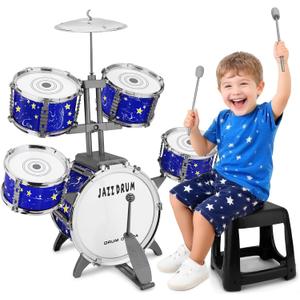 Upgraded Kids Drum Set for Toddlers Plastic Musical Jazz Drum Instruments Kit Birthday Musical Learning Toys for 4 5 6 Boys Girls, Starlight Blue, Junior