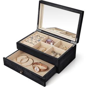 Meangood Jewelry Box Organizer for Women, 2 Layer Large Jewelry Storage Case, Rustic Wooden Jewelry Box with Mirror & Ring Tray for Necklace Earring Bracelets Rings, Vintage Style (Black)