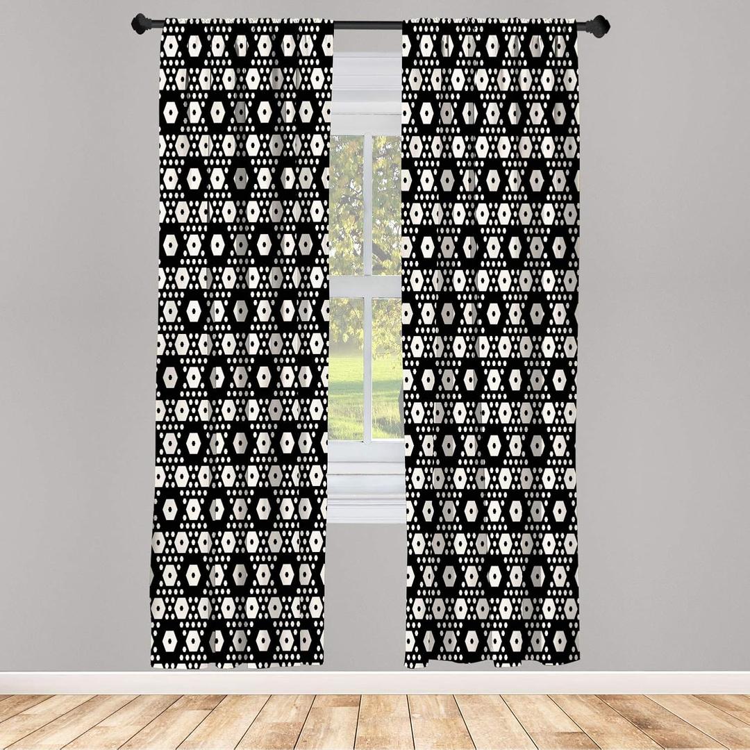 Ambesonne Geometric Window Curtains, Symmetric Pattern Big and Small Hexagon Forms Modern Style Abstract Design, Lightweight Decorative Panels Set of 2 and Rod Pocket, Pair of - 28" x 63", Black Beige