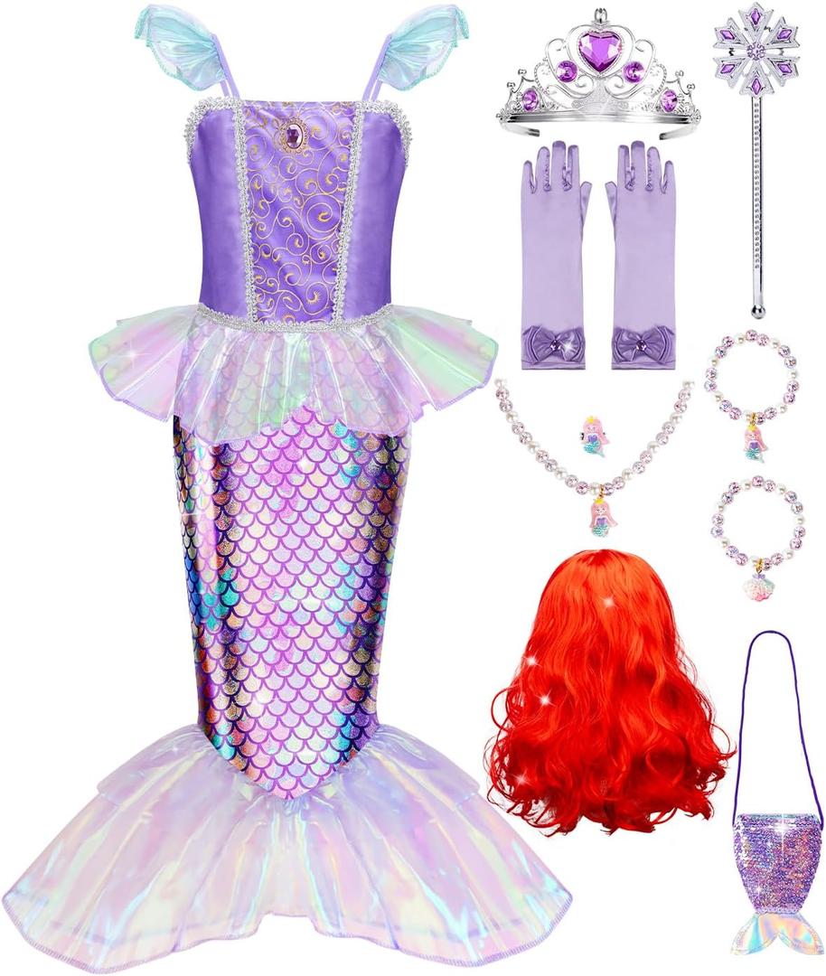 Meland Mermaid Dress - Little Mermaid Costume with Bag for Girls 5-6 Years, Princess Dress Up for Birthday Gift, Halloween Costume (Purple, M)
