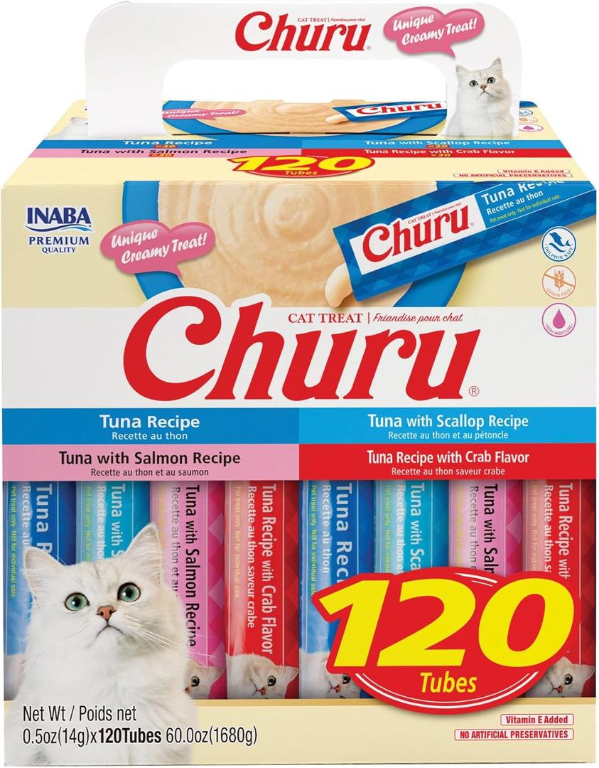 INABA Churu Cat Treats, Lickable, Squeezable Creamy Pure with Vitamin E, 0.5 Ounces per Tube, 120 Tubes Total, Tuna Variety, Best By: 03/28/2026